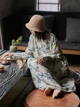 リネン混合素材の春秋用ワンピース【ゆったりシルエット・田舎風・プリントロングスカート】