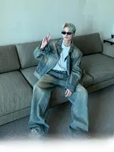 ヴィンテージ風ウォッシュデニムジャケット【ゆったり肩パッド・ストレートパンツ・セットアップ対応】