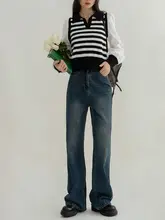 ハイウエスト微フレアデニムパンツ【レディース・春秋・ストレート・ゆったり・ロングレングス】