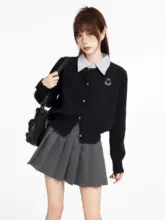 学院風 ブラック 短丈 ニットカーディガン【春秋用・フィット感】（セットアップ対応）