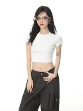 SHIYIYUE ブラックショルダー短袖Tシャツ【春夏用・フィット・ショート丈】
