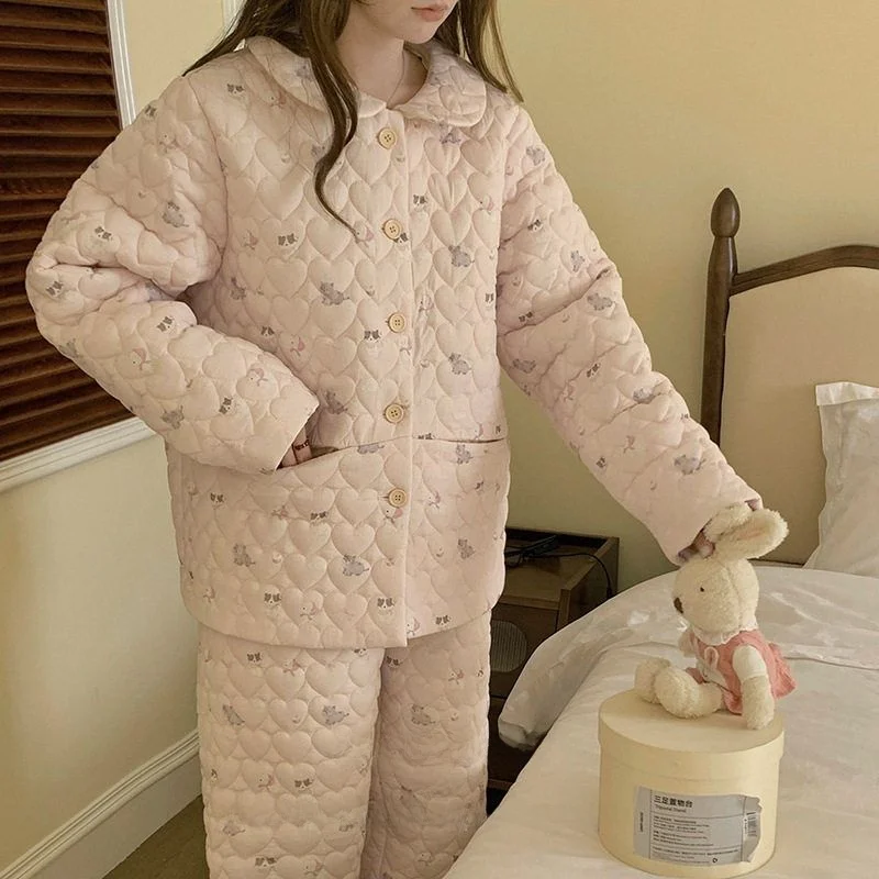 三層キルティングドールカラーパジャマ：冬用女性向け加厚部屋着の実用性と外穿可能性
