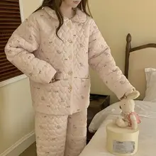 三層キルティングかわいいドールカラー厚手パジャマ【冬用・女性用・部屋着・外出可能】