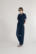 レトロデザインのデニムショートスリーブトップスとパンツ【春夏用・ドローストリング】（セットアップ対応）