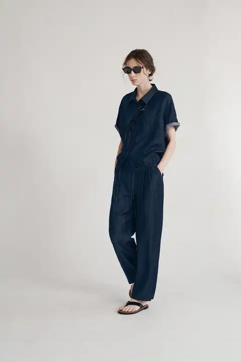 レトロデザインのデニムショートスリーブトップスとパンツ【春夏用・ドローストリング】（セットアップ対応）