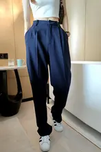 AYINGJIA レディース ネイビー ウエストハイ プリーツ感のあるワイドパンツ【高級感・カジュアル】
