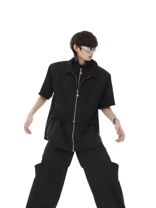 セットアップ メンズ フェイクレイヤード ジャケット カーゴパンツ パッド入り アバンギャルドデザイン オーバーサイズ ルーズ カジュアル 着回し