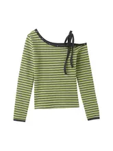 アボカドグリーンストライプワンショルダー長袖Tシャツ【女性用・スリムフィット・春用・リベット付き】
