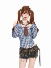 シャツ レディース ワンショルダー カラーブロック チェック柄 短丈 タイト デザイン性 学院風 ギャル 春 「BASTERDS」