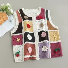 カラフルコットンニットベスト【ラウンドネック・立体花柄・チェックデザイン】