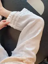 白色レースのリネンカジュアルパンツ【夏用・薄手・ストレート・ワイドレッグ】