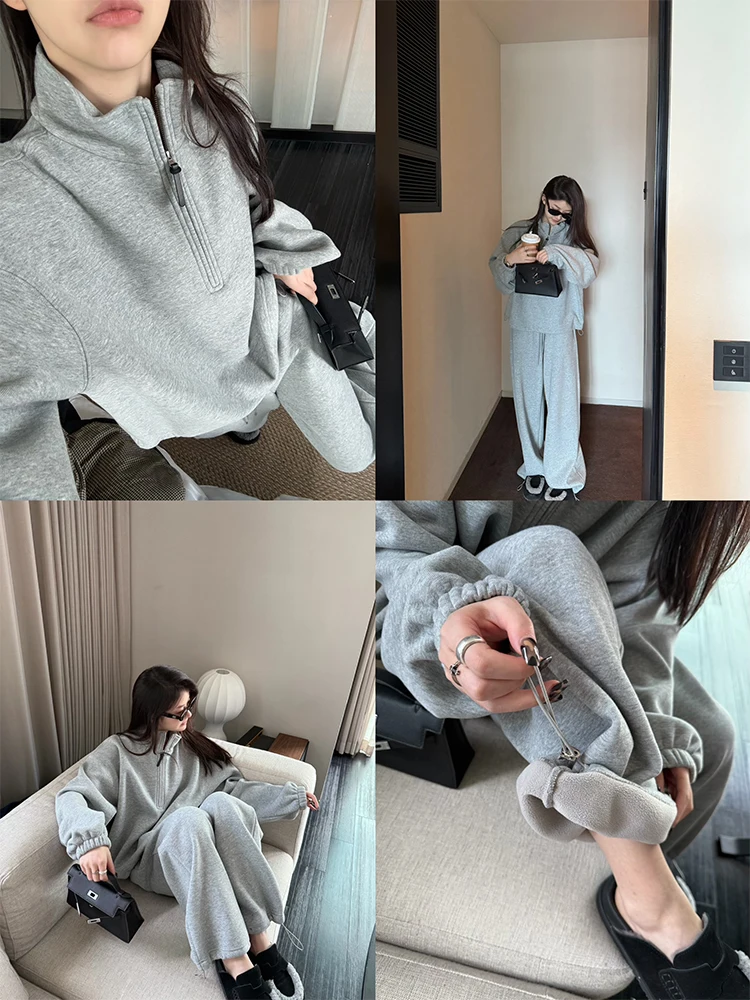 空港ファッション：厚手フリース立襟スウェットとワイドパンツセットの実用性と季節適応性
