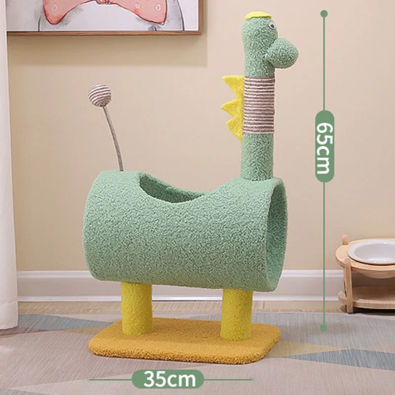 緑の恐竜デザインのスタンディングキャットタワー：コンパクトで機能的なキャットハウス一体型の実用性解析