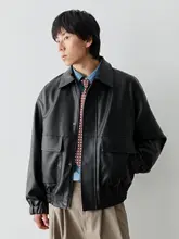 美式レトロジッパー付き襟折れPUレザージャケット【バイカー用・ウエストゴム・春秋用】