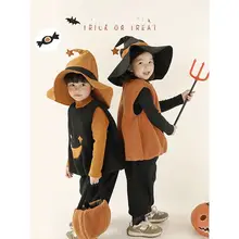 セットアップ 2点セット キッズ ガールズ ハロウィン ボアベスト ニットパンツ カボチャ アップリケ 裏起毛 もこもこ 防寒 冬