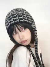 手編みカラーブロックウールキャップ【男女兼用・秋冬用・耳あて付き】