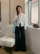 フリル付きフレンチスタイル白いリボン長袖シャツ【春用・女性用】