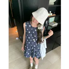 ブルーベリーコットンキャンディーのノースリーブ花ぼうしスカート【夏用・ゆったり・レトロドットデザイン】