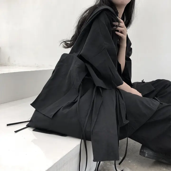 黒のワンショルダーバッグ【飄帯デザイン・斜め掛け・手提げ可・コットン製】