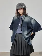 ビンテージ風ウォッシュ加工デニムシャツ【ユニセックス・オーバーサイズ・半袖】
