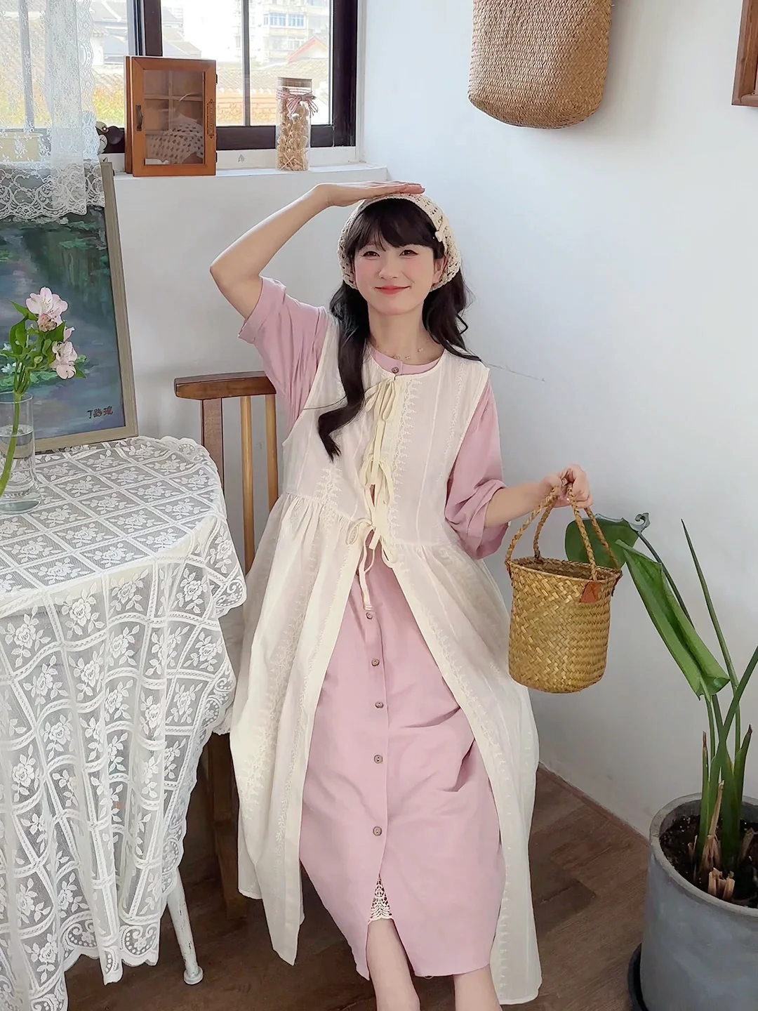 レディース 長袖シャツワンピース【無地・ホワイト・春夏用・ゆったりフィット】