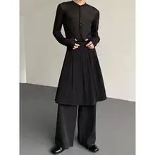 秋季デザインの重ね着風ワイドパンツ【ドレープ仕上げ・カジュアル・男性用】（セットアップ対応）