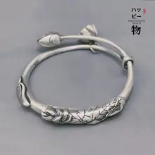 足銀製 魚が遊ぶ蓮の花ブレスレット【新中式デザイン・レトロな銀細工】