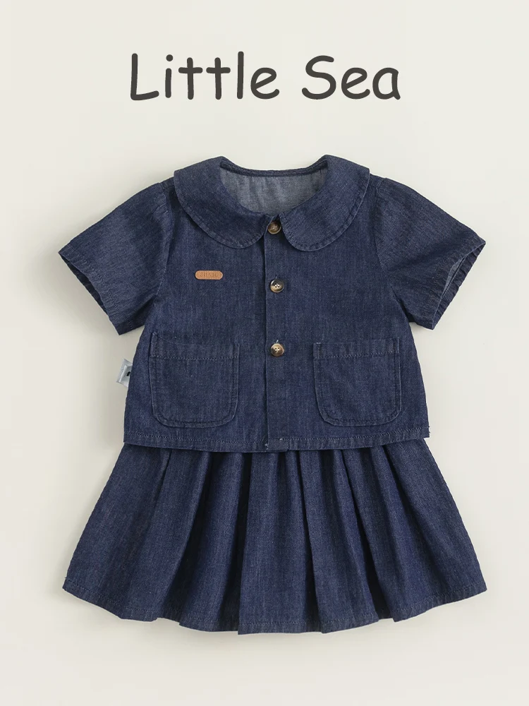 2歳女の子服 おしゃれ レトロシンプルデニムセット プリーツスカート対応