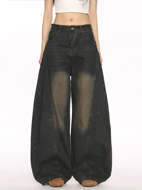 アンティーク風ウォッシュデニムパンツ【デストロイドデザイン・ワイドレッグ・フィット】（セットアップ対応）