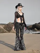 デニムパンツ レディース ベルボトム ドラゴン柄 スリム パンク Y2K ハロウィン