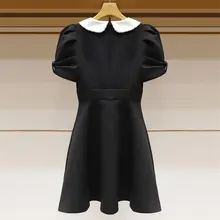 おしゃれなレトロ風カラーブロック・パール装飾のドールカラーリボンウエストドレス（セットアップ対応）