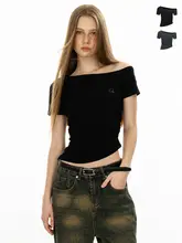 OFFSOUL 不規則デザイン 斜め肩短袖Tシャツ【フィット感あり・ウエスト絞り・女性用】