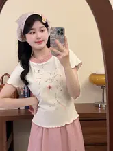 デザイン感あふれるグラフィックプリント半袖Tシャツ【女性用・カラーコンビネーション・スリムフィット・短丈】