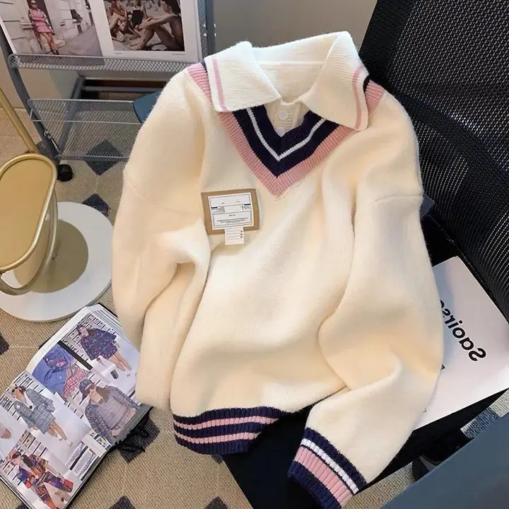秋冬用の学院風ポロニットカーディガン【女子中高生向け・二重仕立て・カジュアル】（セットアップ対応）