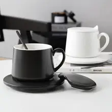 高級感ある黒白マット仕上げの大容量カップ＆ソーサーセット【蓋付き・スプーン付き・オフィス用】