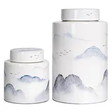 手描きの白い現代新中式陶製デコレーションキャニスター【インテリア・書斎・テレビボード用】