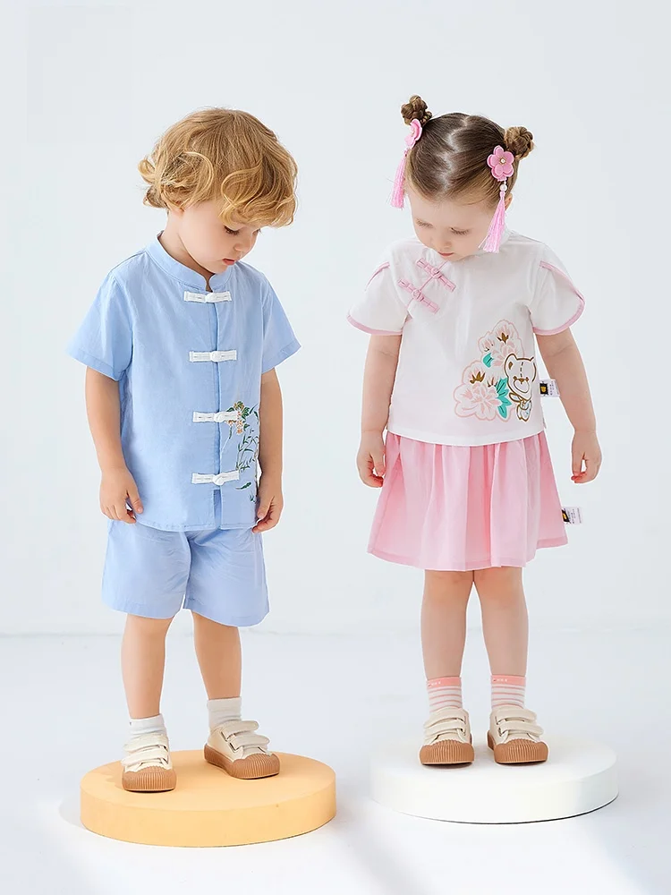 夏用中国風ベビー半袖漢服風スカートセット：女の子向けの民族風セットアップガイド