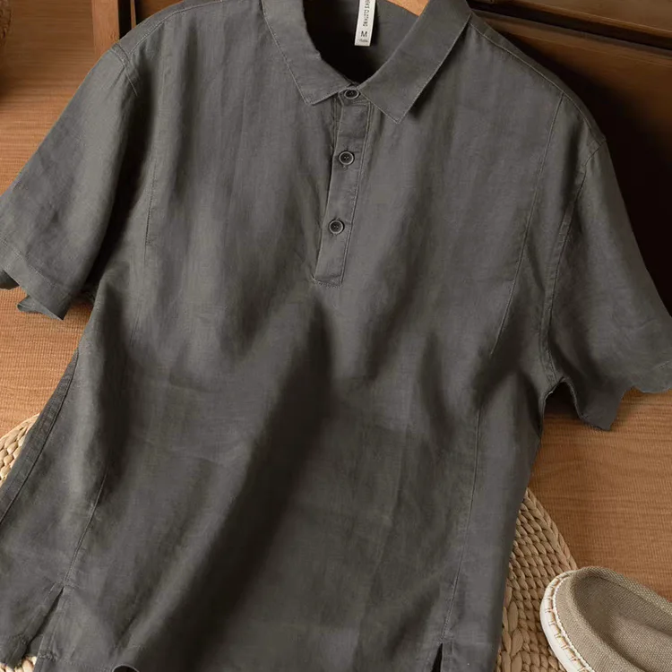 リネン製 POLOカラー 半袖Tシャツ【メンズ・通気性・軽量・シンプルデザイン】