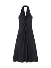 デザイン性のあるツイストフリルノースリーブハイネックワンピース【バックオープン・ロング丈・夏用】