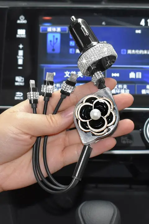 車載用 伸縮式多機能急速充電ケーブル【ダブルUSB・デザイン付き】