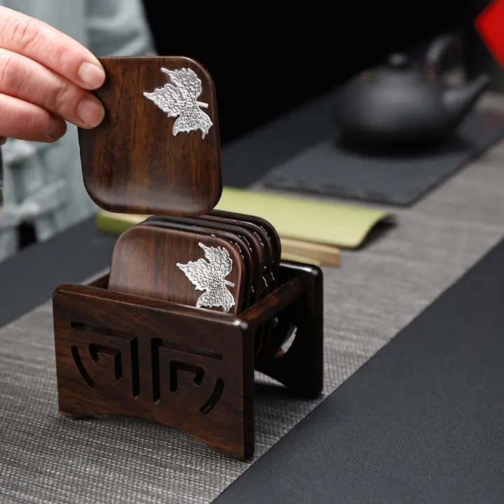 黒檀木製 茶カップマットセット【日本式・実木製・熱絶縁・茶道用】
}