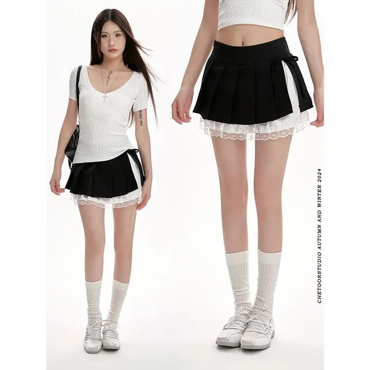 黒のJKスタイル ハイウエストプリーツスカート【夏用・Aライン・美脚効果】