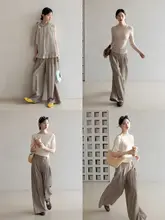 レトロカジュアルなカーキ色のハイウエストパンツ【ワイドレッグ・ストレートシルエット・女性用】