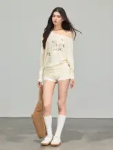 アメリカンレトロ オフショルダー薄手UVカット長袖Tシャツ【春用・ゆったりデザイン】