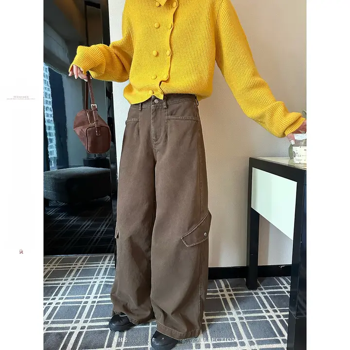秋季用 レディース ヴィンテージ風 ワイドレッグカーゴパンツ【ゆったりシルエット・カジュアル・コーヒーカラー】（セットアップ対応）