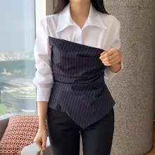 エレガントなデザインの襟付きアシンメトリー長袖シャツ【秋用・レディース・前面重ね着風】
