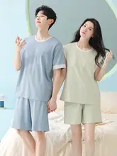 夏用 綿素材のペアルックパジャマ【男性用・女性用・胸パッド付き・短袖】（セットアップ対応）