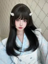 ウィッグ レディース 姫カット クラゲカット ぱっつん前髪 黒髪 ロングストレート 小顔見え 原宿系 ロリータ ガーリー JK「AG」