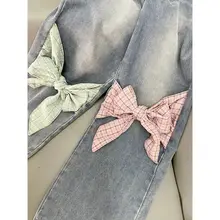 リボンデザインのハイウエストワイドレッグデニムパンツ【ルーズフィット・レトロスタイル・ストレート】（セットアップ対応）