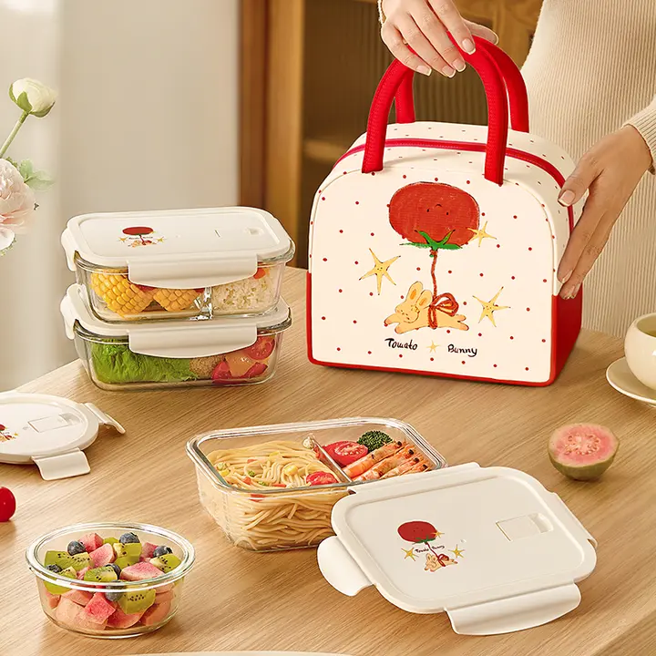 トマトウサギデザインのガラス弁当箱【電子レンジ対応・お弁当持参用】